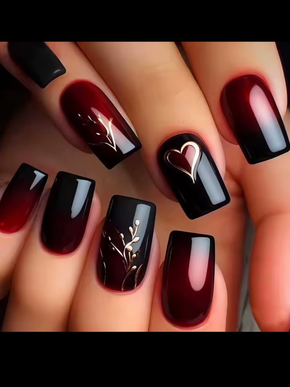 Burgundy to Black Ombre Gel Nail Set with Gold Accent Heart